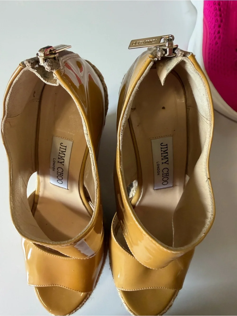 Jimmy Choo Patent Leather Espadrille Wedge Sandals Mustard Gold EU 39 US 9
